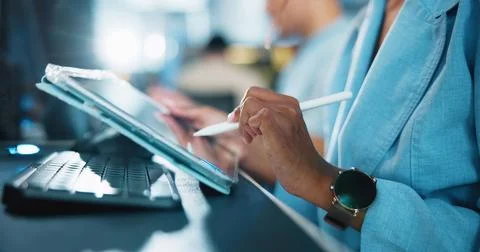 Tablet, developer and pen with hands of person in office for game designer Stock Photos