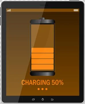 Tablet device display showing a battery at 50% charge with a charging indic.. Stock Illustration