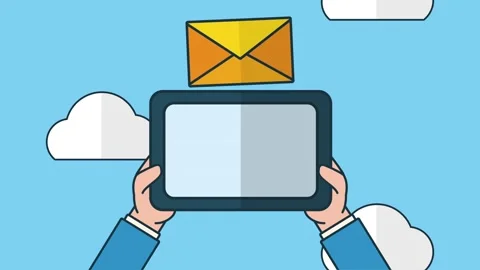 Tablet device displaying document photo and email icon animation on blue sk.. 스톡 동영상 339257137