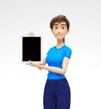 Tablet Device Mockup With Blank Screen Held by Smiling and Happy 3D Character Stock Illustration
