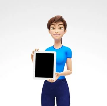 Tablet Device Mockup With Blank Screen Held by Smiling and Happy 3D Character Stock Illustration