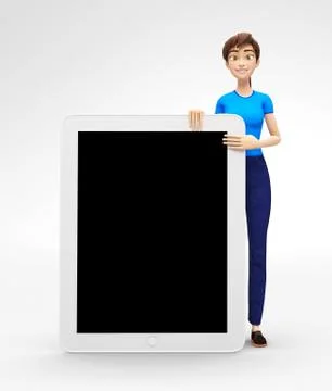 Tablet Device Mockup With Blank Screen Held by Smiling and Happy 3D Character Stock Illustration