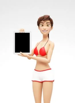 Tablet Device Mockup With Blank Screen - Smiling and Happy 3D Bikini Character Stock Illustration