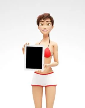 Tablet Device Mockup With Blank Screen - Smiling and Happy 3D Bikini Character Stock Illustration