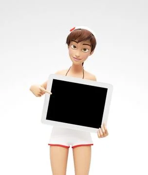 Tablet Device Mockup With Blank Screen - Smiling and Happy 3D Bikini Character Stock Illustration