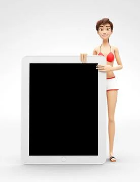 Tablet Device Mockup With Blank Screen - Smiling and Happy 3D Bikini Character Stock Illustration