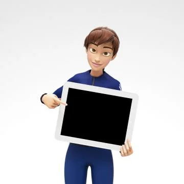Tablet Device Mockup With Blank Screen Held by Smiling and Happy Jenny Stock Illustration