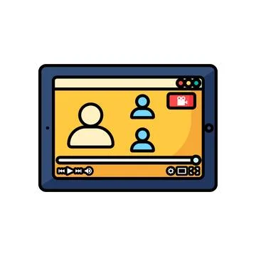 Tablet device online video stream broadcast vector outline icon Stock Illustration