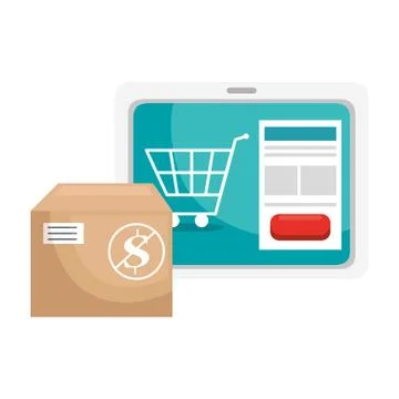 Tablet device with shopping app and box Illustrazione stock