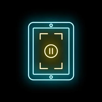 Tablet device showing neon glowing pause icon Stock Illustration