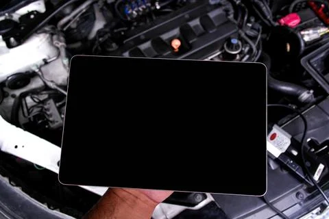 Tablet diagnostic device for car engine check, blank screen Stock Photos