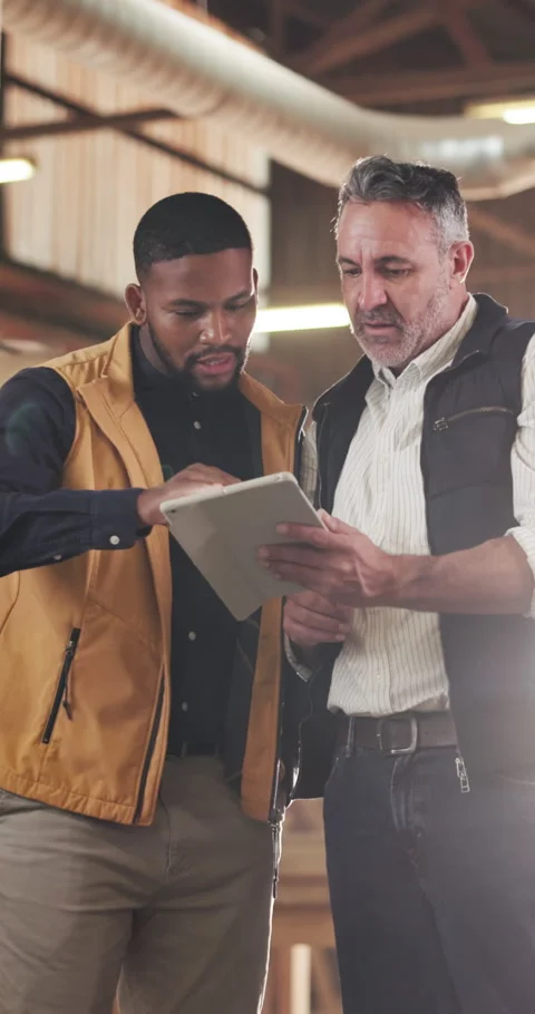 Tablet, discussion and carpenter with manager in warehouse for planning Stock Footage 340761230