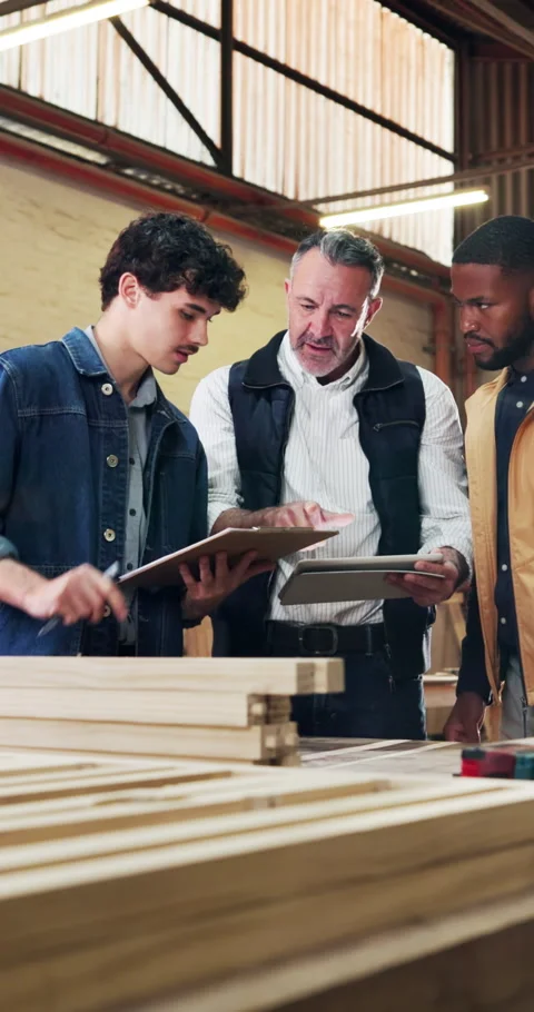 Tablet, discussion and carpenter with manager in workshop with online order for Stock Footage 340765602