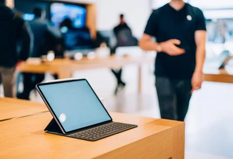Tablet on Display in Electronics Store Stock Photos