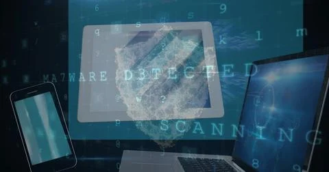 Tablet displaying 3D virus hologram in digital workspace, with smartphone laptop Stock Photos