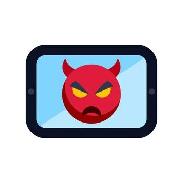 Tablet displaying angry devil emoji symbol for cyberbullying Illustrazione stock