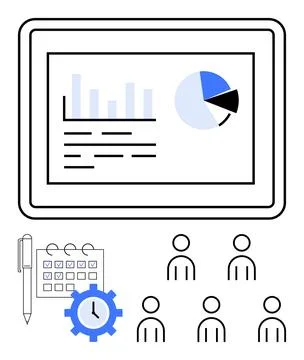 Tablet displaying bar and pie charts, calendar with pen and clock, six human  Stock Illustration