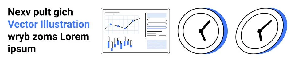 Tablet displaying charts, clocks representing time. Ideal for data analysis,  Stock Illustration