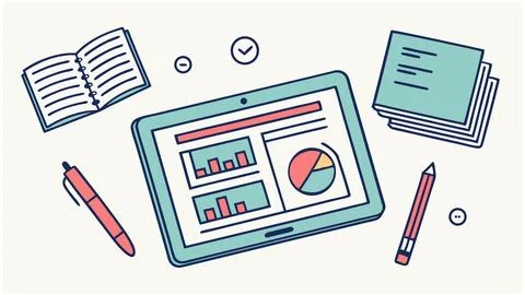 Tablet displaying charts graphs alongside notebook pen pencil efficient Stock Illustration