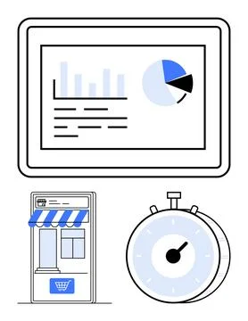Tablet displaying charts, storefront with shopping cart icon, stopwatch. Idea Illustrazione stock
