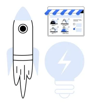 Tablet displaying an e-commerce website, rocket signifying launch, and light  Stock Illustration