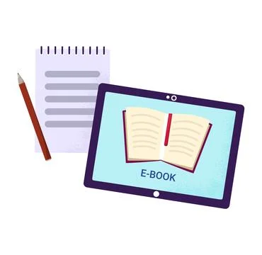 Tablet displaying ebook notepad pencil next it. Digital education reading Stock Illustration