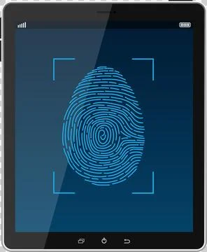 Tablet displaying fingerprint security scan on a blue screen interface for .. Stock Illustration