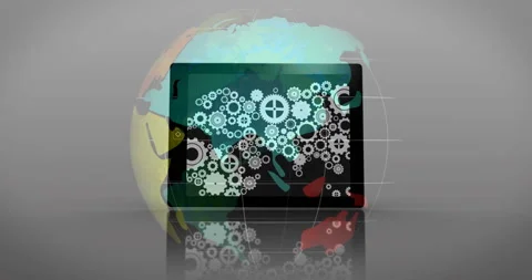 Tablet displaying gears and cogs animation over colorful globe background Stock Footage 305292785