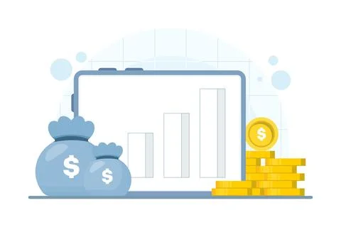 Tablet displaying online bar chart analysis with gold coin stack Stock Illustration