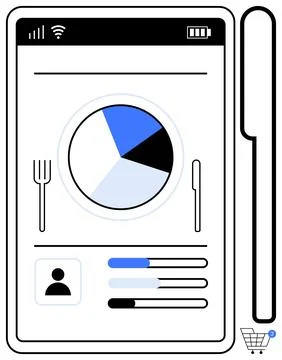 Tablet displaying pie chart, cutlery icons, and user profile. Progress bars f Stockillustratie
