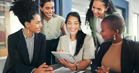 Tablet, diversity group and talking women review financial portfolio, stock Stock-Fotos