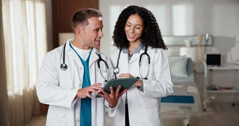 Tablet, doctors or team with handshake for medical help, clinical coordination Stock Footage 341491750