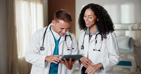 Tablet, doctors or team with high five for medical goal, recovery success and Stock Footage 341501227