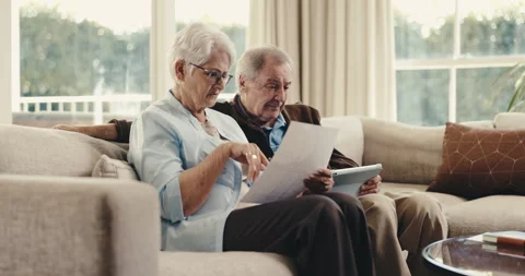 Tablet, document and old couple stress with discussion for bills mistake, error Stock Footage 342255289