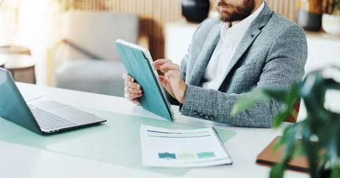 Tablet, documents and hands of business man in office for finance review, p.. Stock Photos