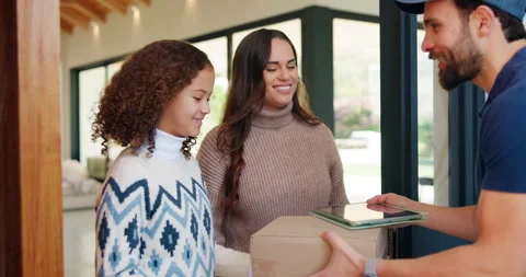 Tablet, door and delivery man with mom to sign for package for shipping, order Stock Footage 335798336