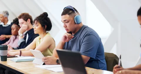 Tablet, education and programmer with man in classroom for tech workshop Stock Footage 346751890