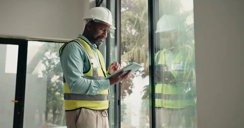 Tablet, electrician or black man with inspection for maintenance, building Stock Footage 337760337