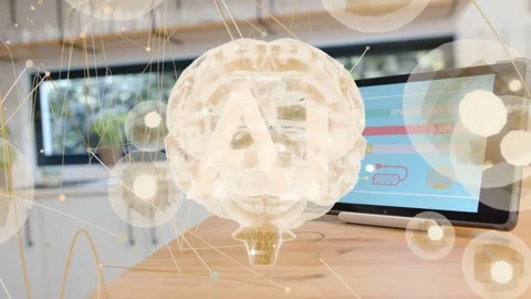 Tablet emitting signal 3D brain holo rising above counter, rotating nodes Stock Footage 337579158