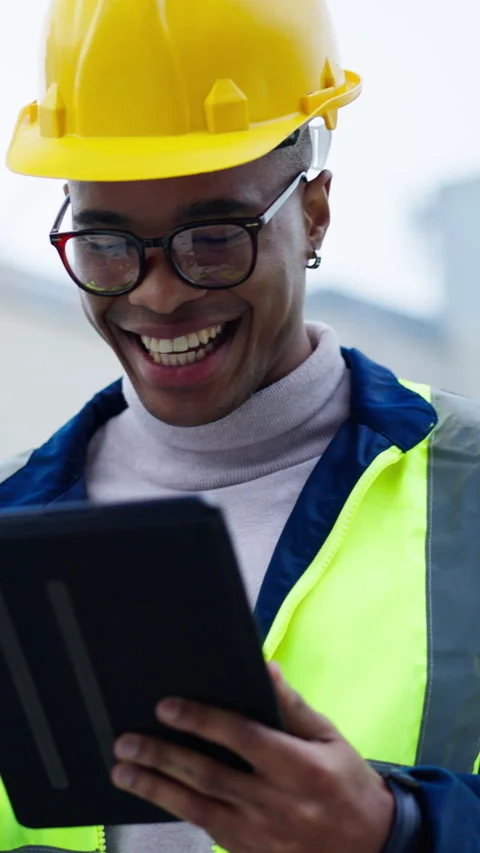 Tablet, engineer and black man in city for construction approval, inspection log Stock Footage 336707444