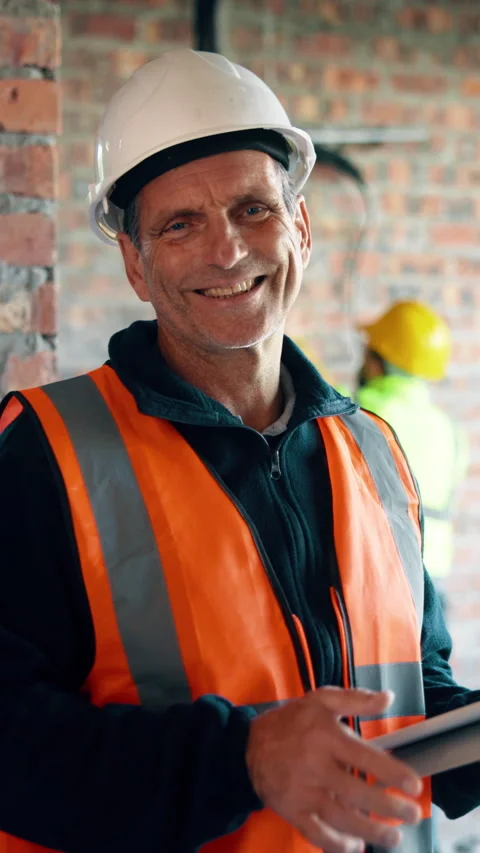 Tablet, engineer and face of mature man on construction site with communication Stock Footage 336182760