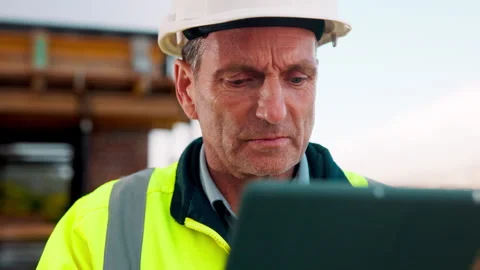 Tablet, engineer and man at construction site for development, planning project Stock Footage 336194714
