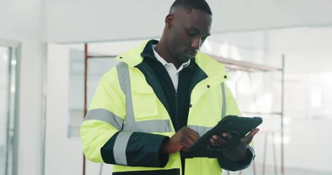 Tablet, engineer and man in office for construction development, renovation Stock Footage 341461618