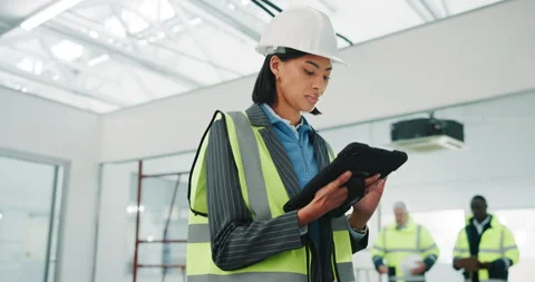 Tablet, engineer and woman in office for construction development, renovation Stock Footage 341470604