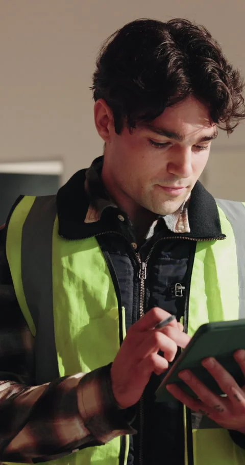 Tablet, engineer or man with thinking at site for construction, safety Stock Footage 342219322