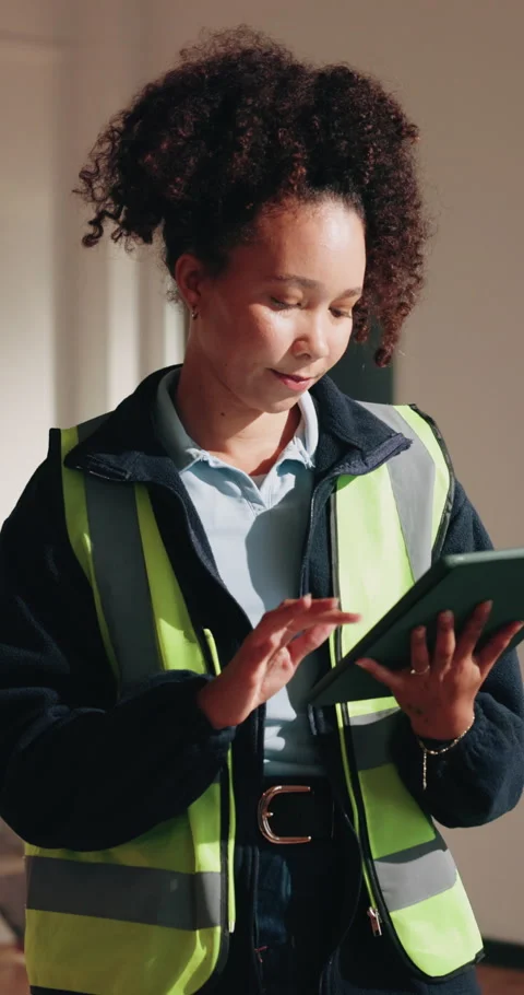 Tablet, engineer or woman at site for construction, safety inspection or Stock Footage 342256093