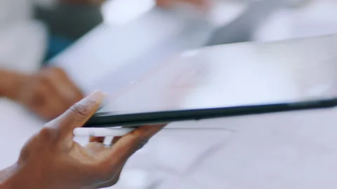 Tablet, engineering and design people in office meeting with motor, engine or Video stock 224892257