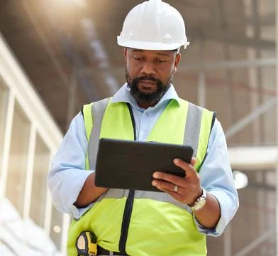 Tablet, engineering man and construction worker for online project management Foto stock