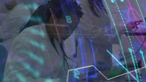 Tablet entry initiating neon HUD, sitting female tech handling tubes and logging Stock Footage 330444326