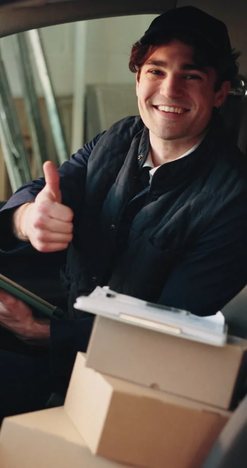 Tablet, face and delivery man with thumbs up for shipping, courier service and Stock Footage 342319835